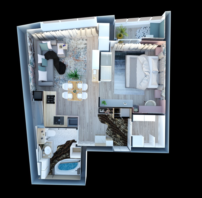 Rzut z góry na aranżację wnętrza mieszkania z salonem, kuchnią, sypialnią i łazienką, uwzględniający meble, oświetlenie i dekoracje.