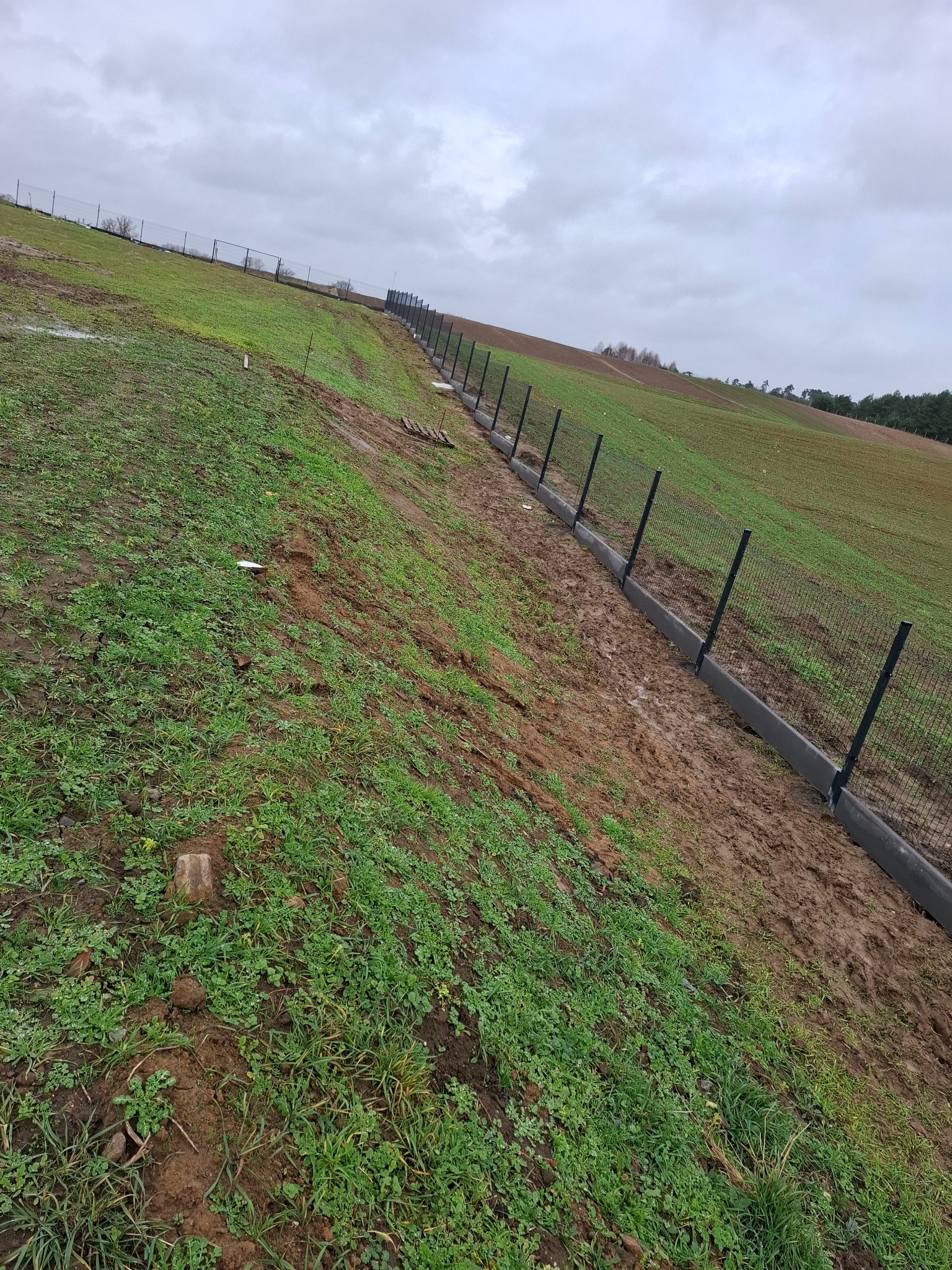 Ujęcie z dołu na zbocze w Gorzowie Wielkopolskim, gdzie wzdłuż granicy działki zamontowano panelową siatkę ogrodzeniową z podmurówką, teren częściowo pokryty błotem i świeżą trawą.
