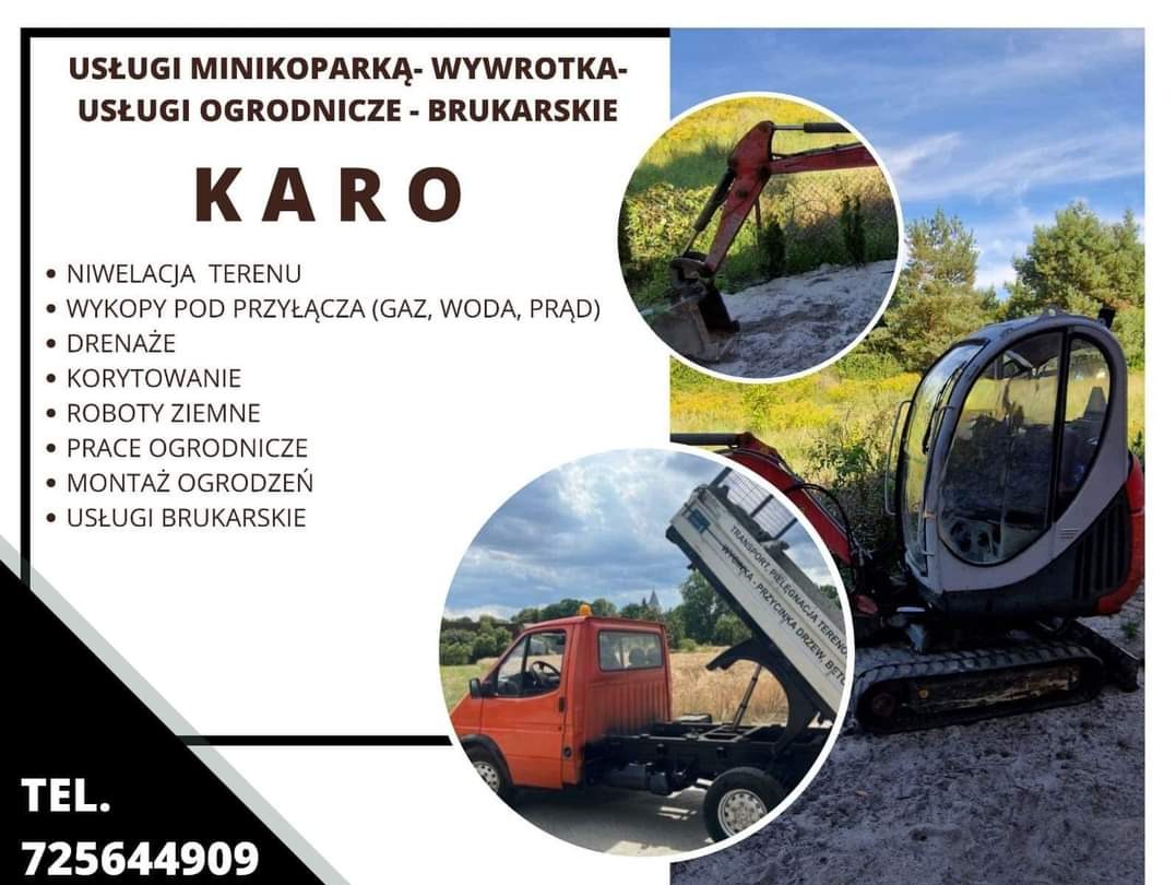Kompozycja graficzna prezentująca usługi firmy: minikoparka, wywrotka i reklama usług ogrodniczych oraz brukarskich, w tle krajobraz z wykopem ziemnym.