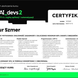 Certyfikat ukończenia kursu Ai Devs