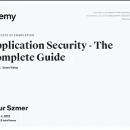 Certyfikat ukończenia kursu Application Security - The Complete Guide na platformie Udemy, imię i nazwisko Artur Szmer, instruktor Derek Fisher, data 4 stycznia 2023, długość 6.5 godzin.