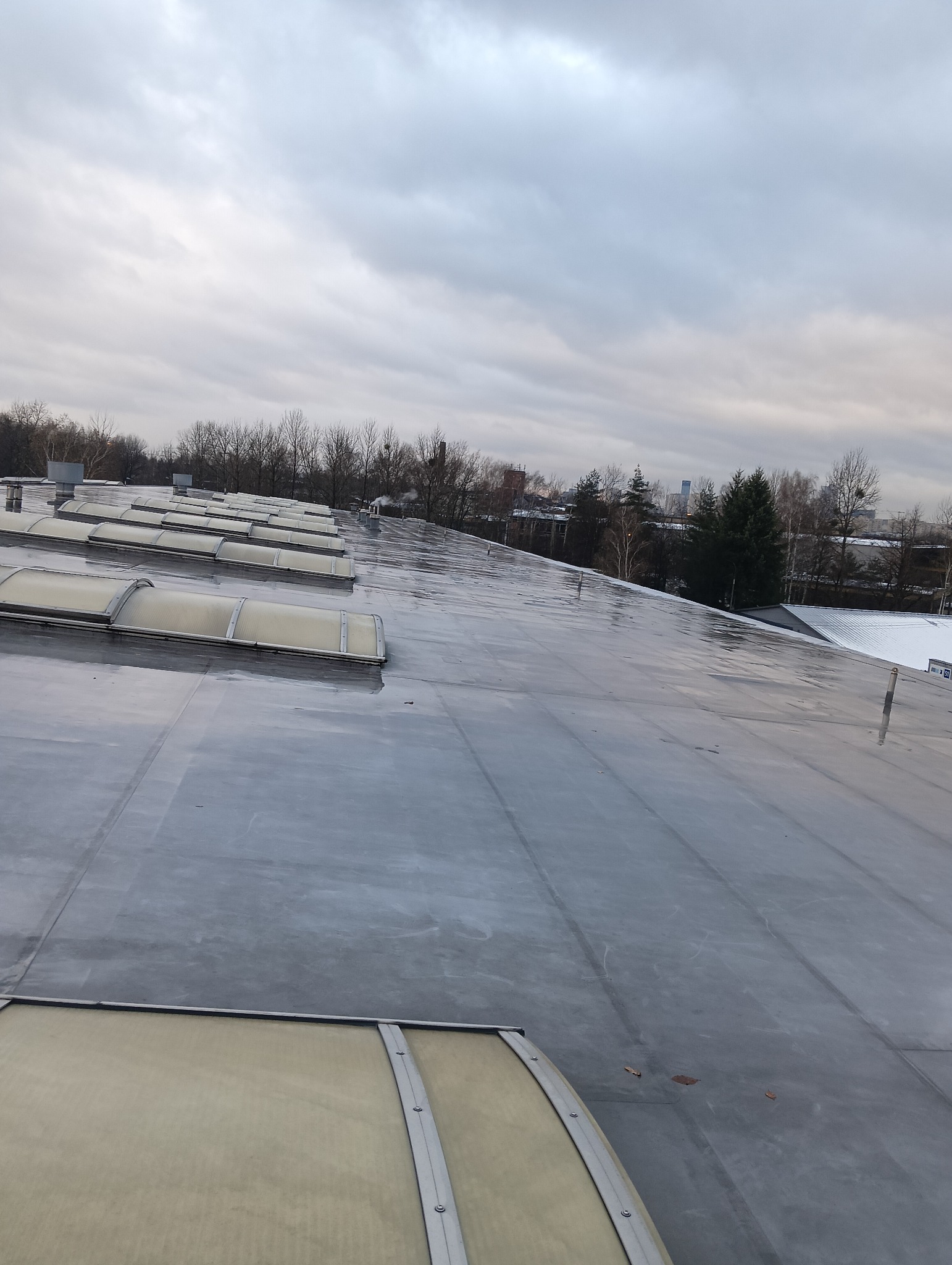 Płaski, mokry dach przemysłowy z świetlikami dachowymi w rzędach, widok z góry na tle pochmurnego nieba i zabudowy miejskiej w oddali.