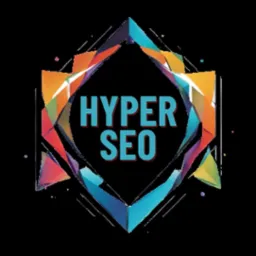 Abstrakcyjny, wielokolorowy logotyp 'HYPER SEO' na czarnym tle, w geometrycznej ramie.