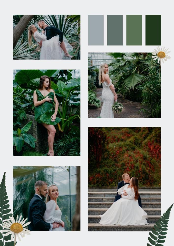 Kompozycja kolażu zdjęć: para w objęciach w szklarni, kobieta owinięta liściem, panna młoda z bukietem, para całująca się na schodach, paleta kolorów i dekoracje kwiatowe.