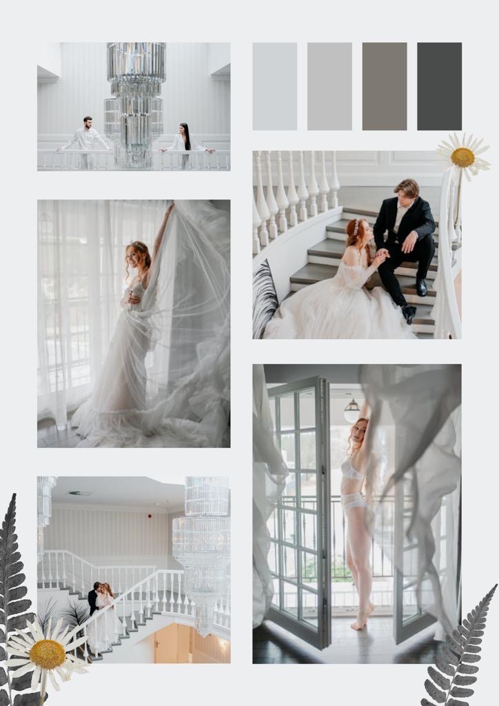 Kompozycja kolażu ze zdjęć: para w bieli na schodach z białą balustradą, kobieta w zwiewnej sukni przy oknie z firanką, kobieta w bieliźnie przy otwartych drzwiach balkonowych, kryształowy żyrandol...