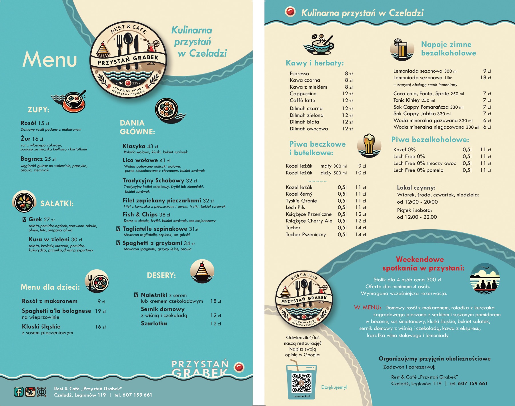 Menu wykonane dla restauracji Przystań Grabek w Czeladzi