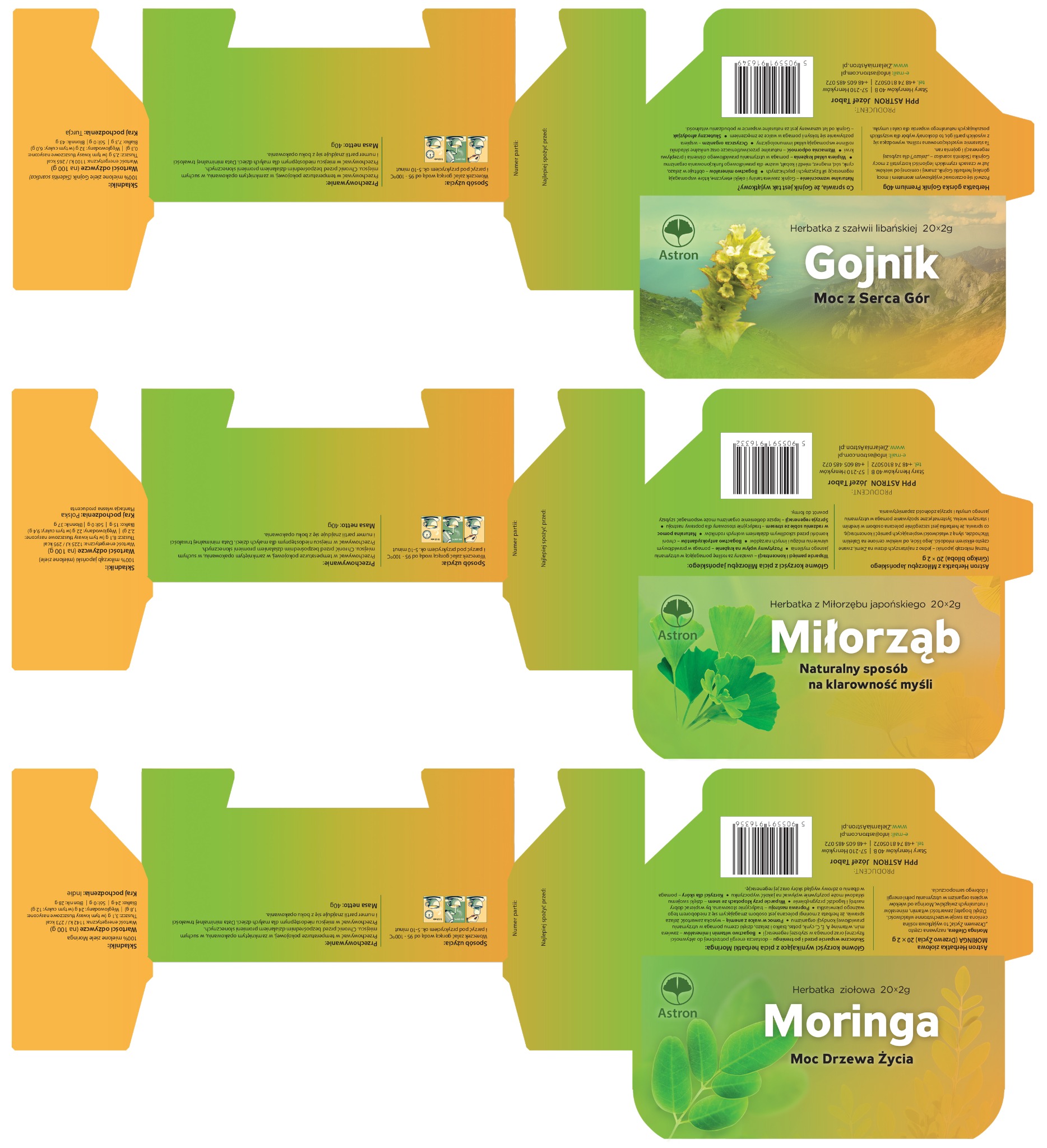 Projekt 3 pudełek - opakowań na herbaty ziołowe dla firmy ASTRON