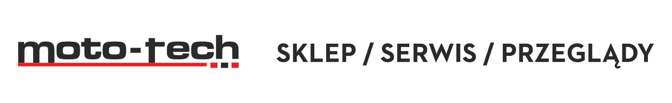 Logo Moto-Tech z napisem 'Sklep / Serwis / Przeglądy' po prawej stronie, czarny tekst na białym tle.