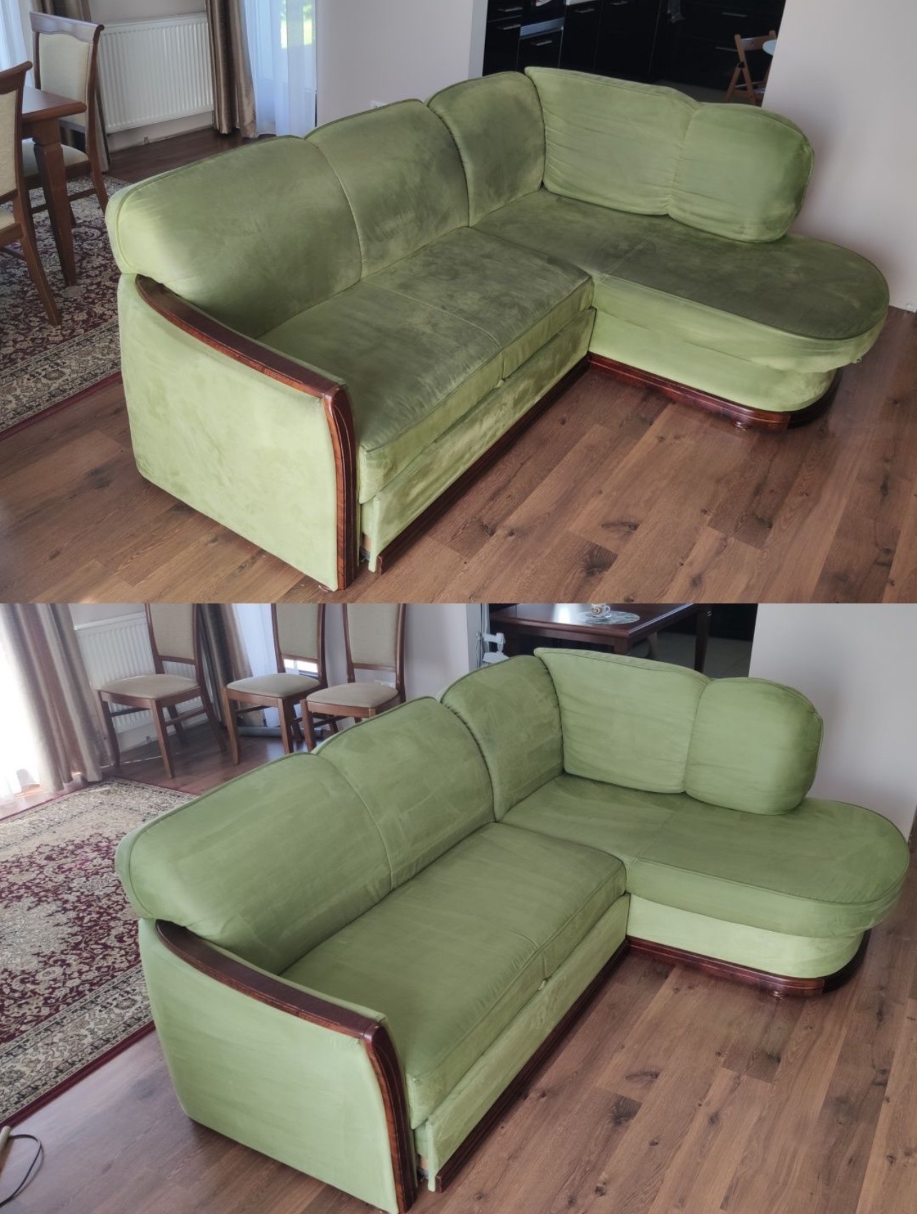 Kanciasta, zielona sofa narożna z weluru z drewnianymi akcentami, ustawiona na drewnianej podłodze; widoczne krzesła i dywan w tle.