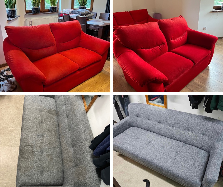 Kolaż przedstawiający dwie sofy: czerwona sofa dwuosobowa przed i po czyszczeniu, z widoczną poprawą koloru i stanu tkaniny; szara sofa trzyosobowa z plamami i po czyszczeniu, z wyraźną różnicą...