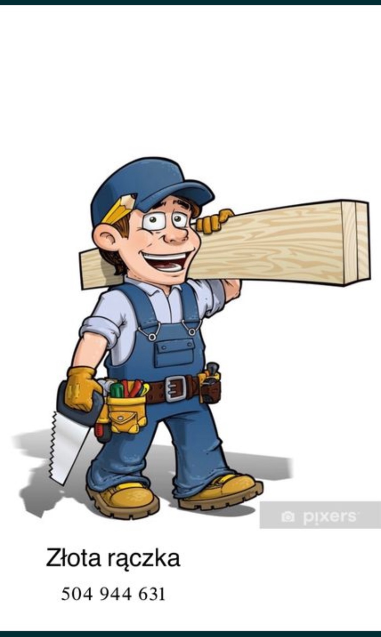 Karykatura uśmiechniętego majstra w niebieskim kombinezonie i żółtych rękawicach, niosącego deskę na ramieniu, z piłą przy pasie narzędziowym.