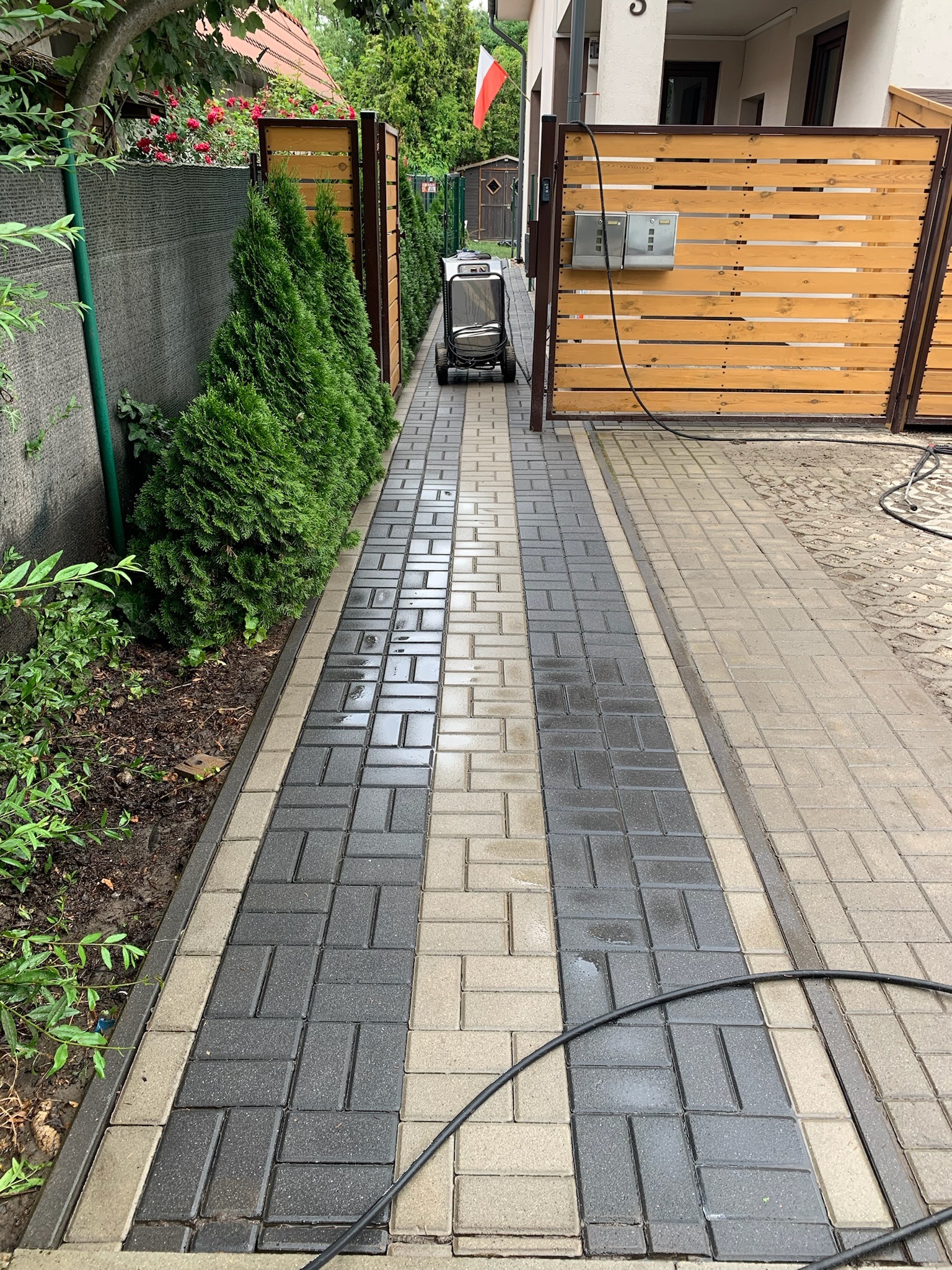 Dwukolorowa kostka brukowa, częściowo umyta, z widocznym wężem ciśnieniowym i urządzeniem czyszczącym w tle, otoczona zielenią i drewnianym ogrodzeniem.