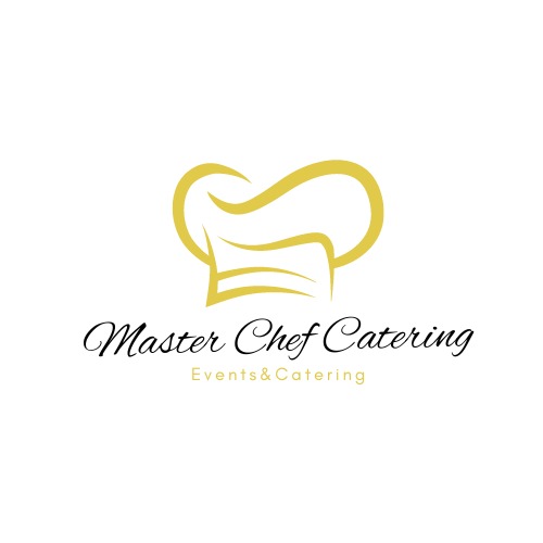 Logo firmy cateringowej: złoty kontur czapki kucharskiej nad napisem 'Master Chef Catering' i 'Events & Catering'.