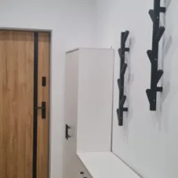 Nowoczesny przedpokój z drewnianą okleiną drzwi, białymi meblami i dekoracyjnymi, czarnymi wieszakami na ścianie.