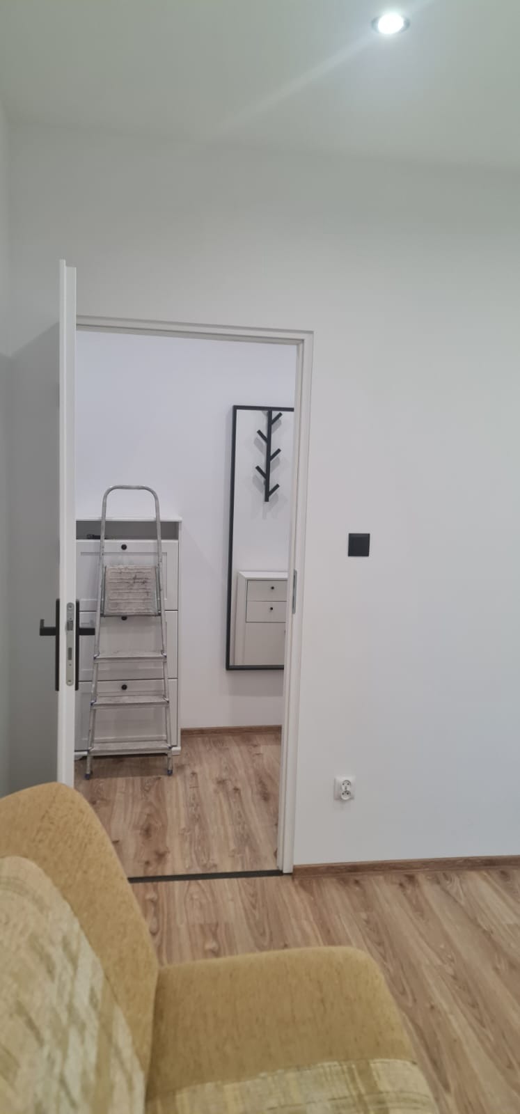 Jasne wnętrze po malowaniu: białe ściany, drabina malarska w przejściu, drewnopodobna podłoga. Widok zza sofy w odcieniach beżu.