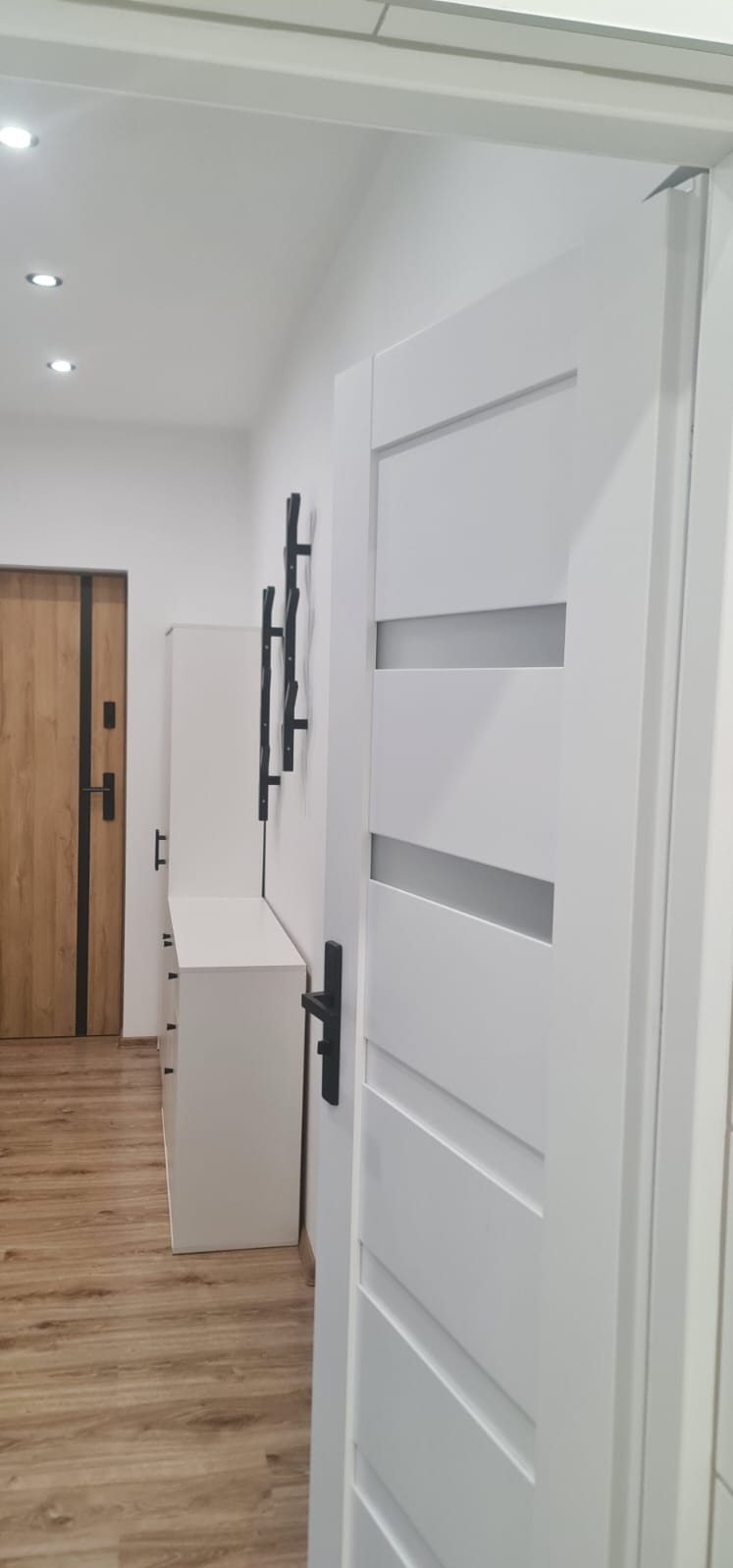 Nowoczesne wnętrze: białe drzwi z przeszkleniami, szafka i wieszak na ścianie, drewniana podłoga oraz drzwi wejściowe z czarnymi detalami.