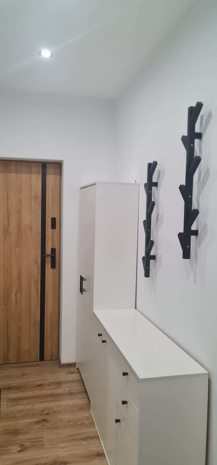 Nowoczesny przedpokój z drewnianą okleiną drzwi, białymi meblami i dekoracyjnymi, czarnymi wieszakami na ścianie.