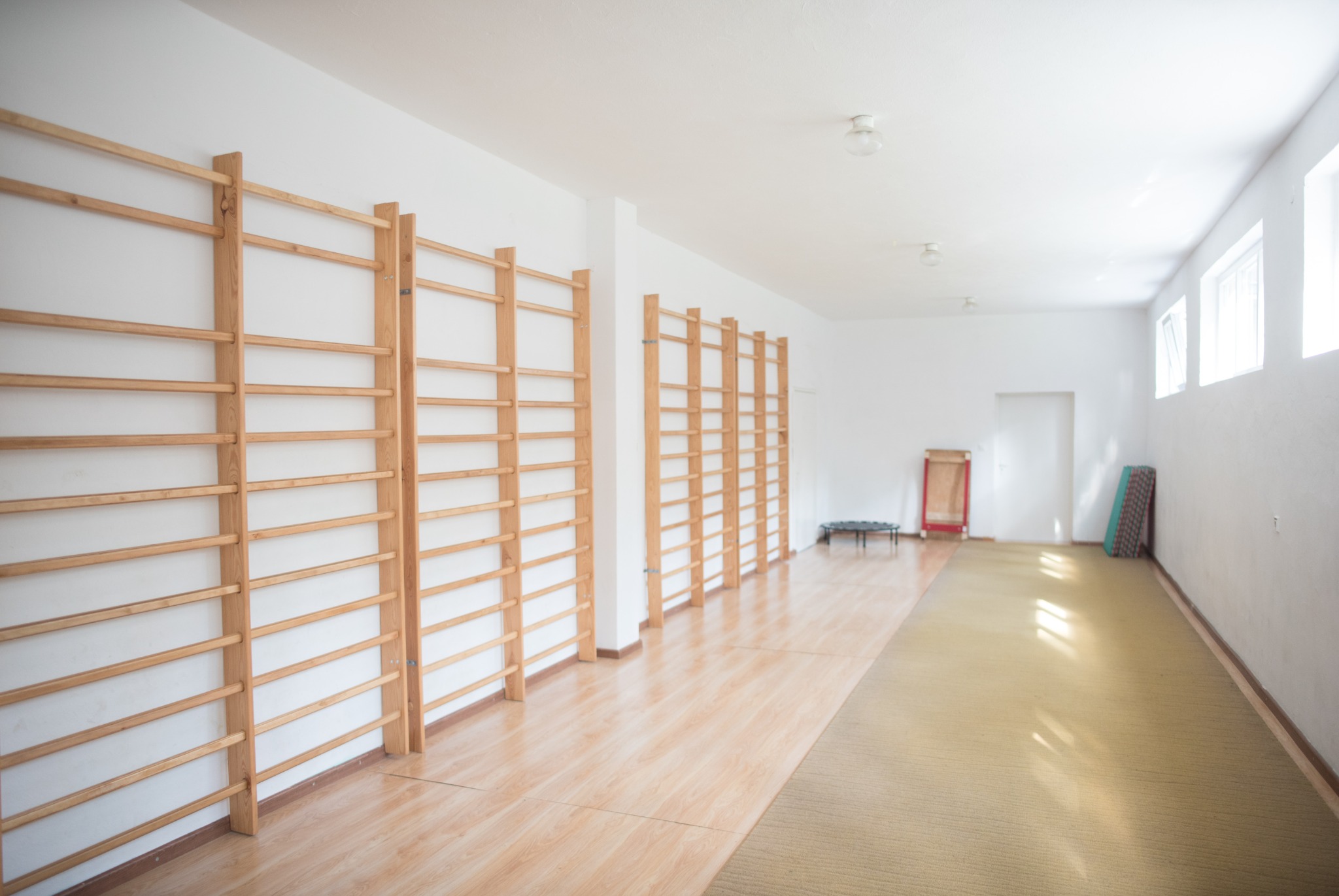 Jasne wnętrze sali gimnastycznej z drabinkami gimnastycznymi wzdłuż ściany, trampoliną i materacami w tle.