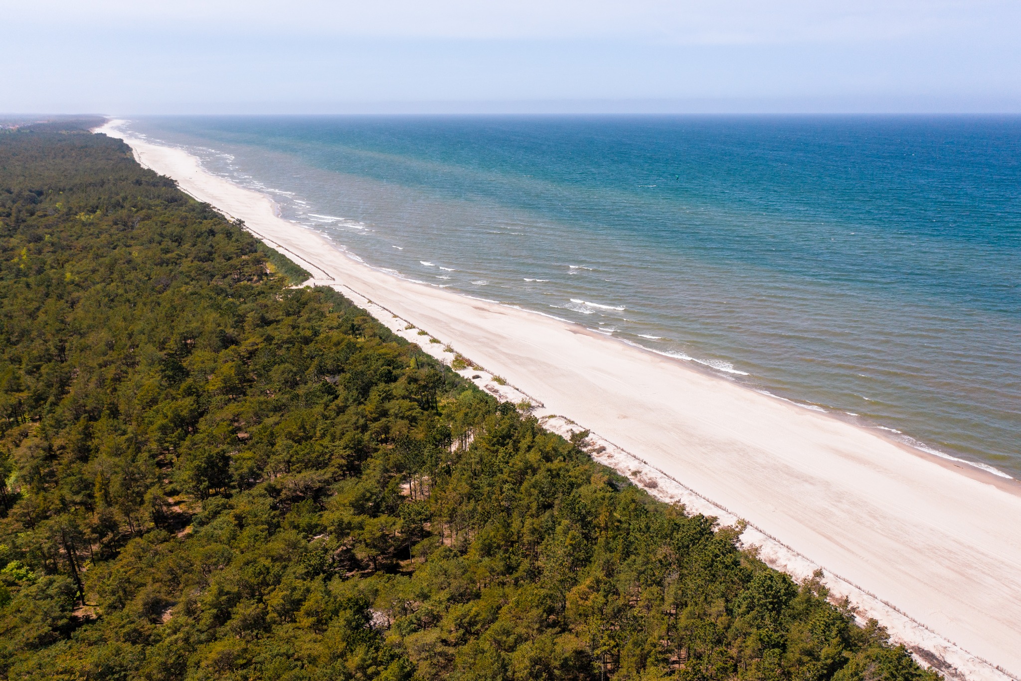 Szeroki widok z lotu ptaka na piaszczystą plażę nad Morzem Bałtyckim, graniczącą z gęstym lasem iglastym.
