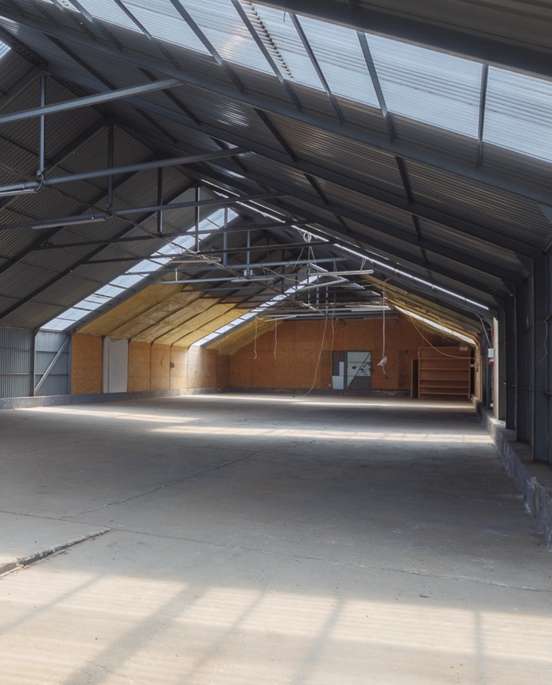 Wnętrze hali produkcyjnej w trakcie wykańczania, widoczne surowe ściany z płyt OSB i metalowa konstrukcja dachu z przezroczystymi panelami.