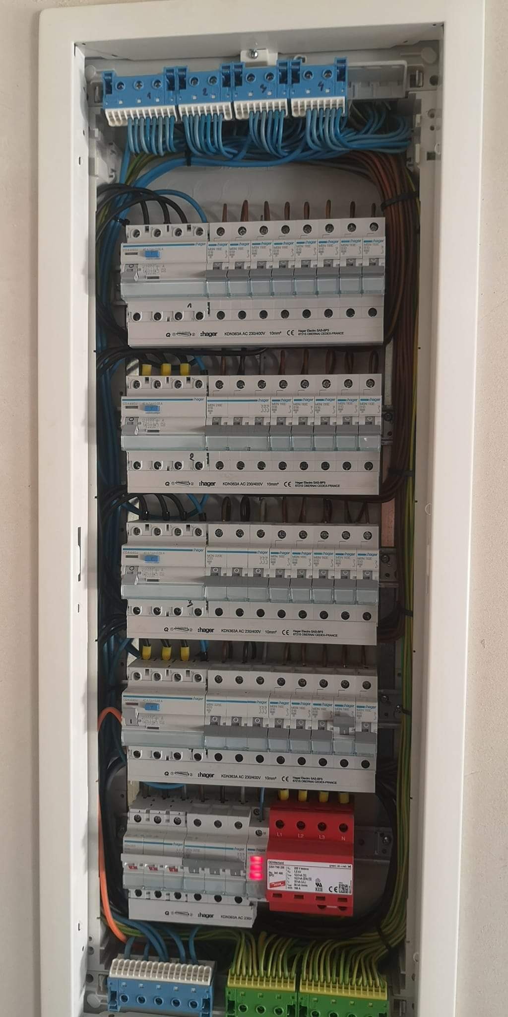 Rozdzielnica elektryczna z zainstalowanymi bezpiecznikami i przewodami, widok z bliska na elementy zabezpieczające przed przepięciami z czerwoną diodą LED.