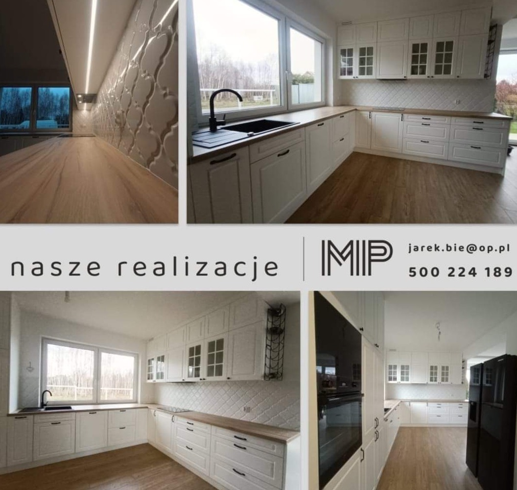 Kompozycja z czterech ujęć białej kuchni z drewnianymi blatami, ozdobnymi płytkami na ścianie i czarną armaturą, uzupełniona logotypem firmy i napisem 'nasze realizacje'.
