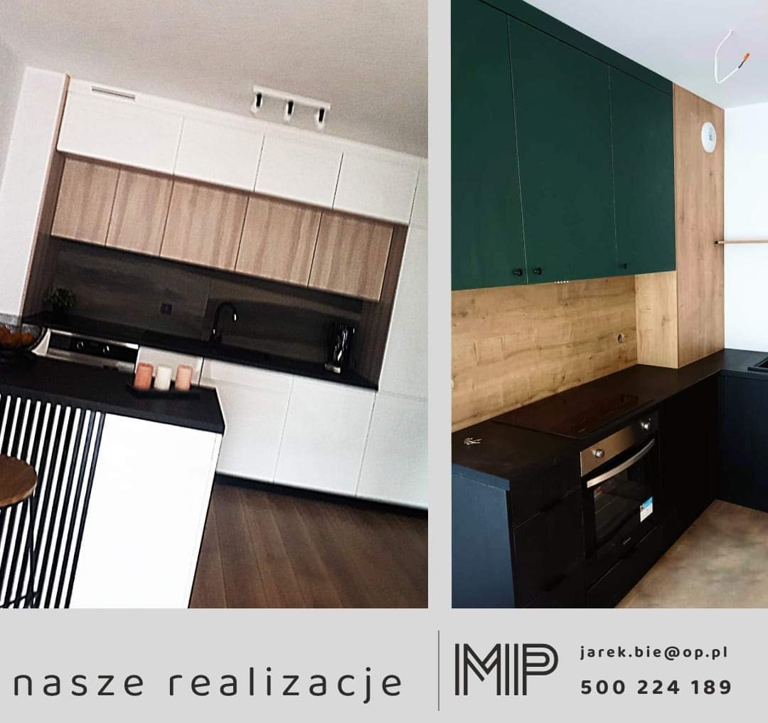 Nowoczesna aranżacja kuchni w Gdańsku z białymi i drewnianymi frontami szafek oraz ciemnozielonymi szafkami wiszącymi, uzupełniona czarnym blatem i drewnianą okładziną ściany.