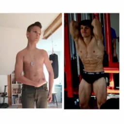 Porównanie sylwetki młodego mężczyzny przed i po treningu siłowym, ukazujące różnicę w muskulaturze i definicji mięśni.