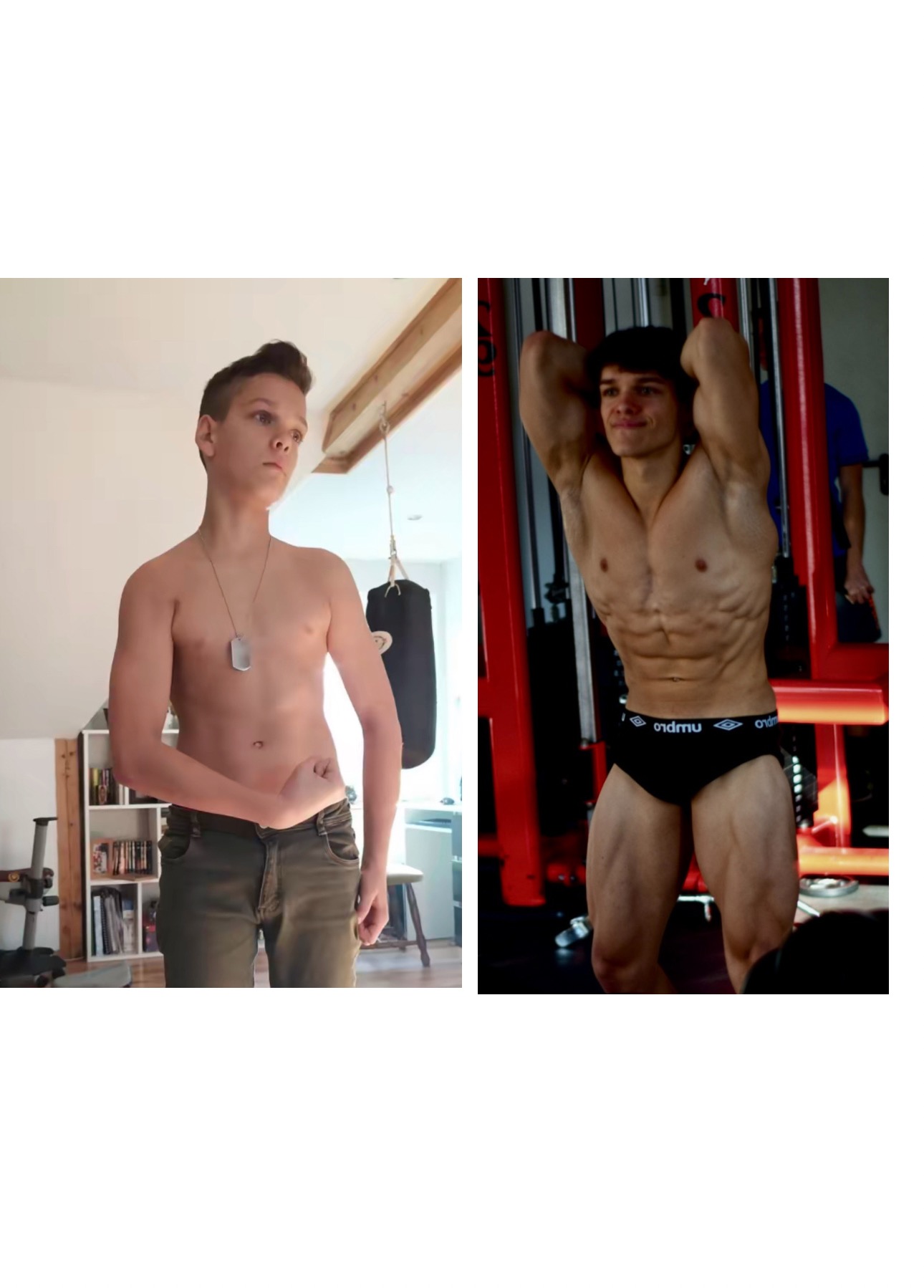 Porównanie sylwetki młodego mężczyzny przed i po treningu siłowym, ukazujące różnicę w muskulaturze i definicji mięśni.