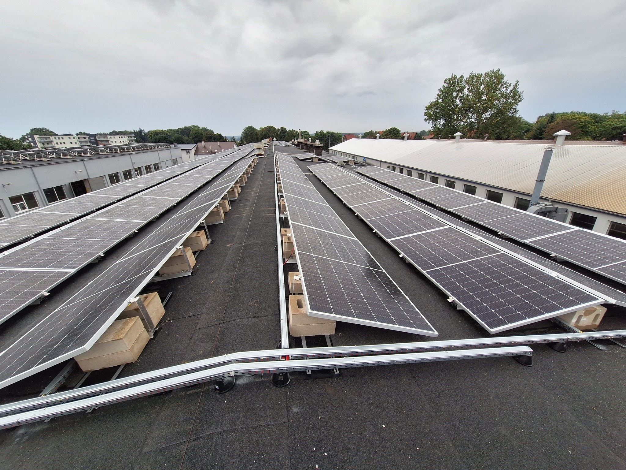 Rząd paneli słonecznych na płaskim dachu budynku przemysłowego, widok z góry, pochmurne niebo w tle.