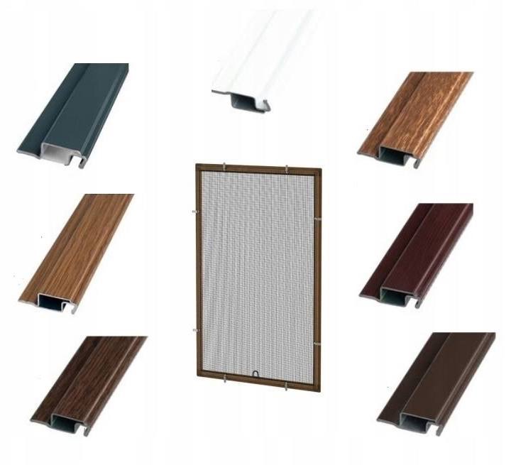 Prezentacja różnych profili okiennych i moskitiery z brązową ramką na białym tle.