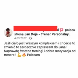 Opinia klienta z Gdańska polecająca trenera personalnego Jana Deja, z informacją o świetnych treningach i motywacji.