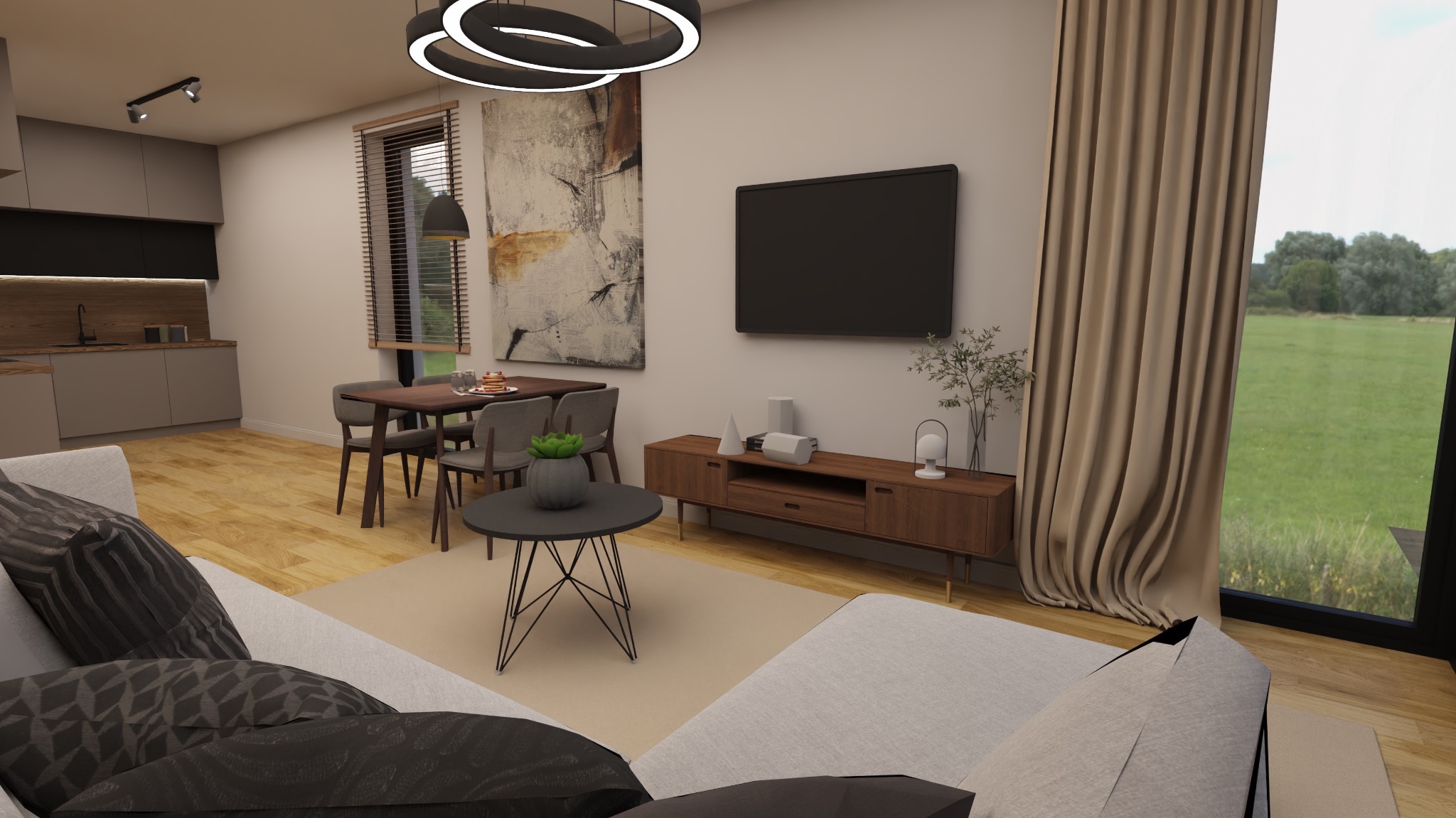 Wizualizacja wnętrza: salon z aneksem kuchennym, drewniana podłoga, szara sofa z geometrycznymi poduszkami, okrągły stolik kawowy z rośliną, stół jadalny z szarymi krzesłami, telewizor na ścianie...