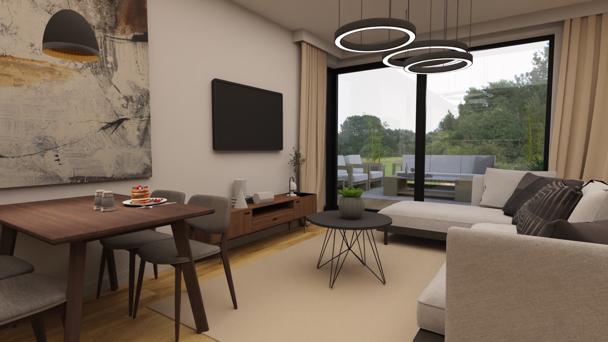 Nowoczesny salon z jadalnią, widok na taras przez duże okno, stół z zastawą i deserem, abstrakcyjny obraz na ścianie, minimalistyczne oświetlenie.