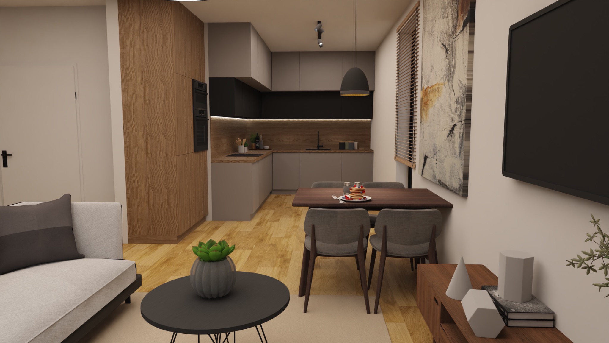 Wizualizacja wnętrza mieszkania z otwartą kuchnią, drewnianymi akcentami i nowoczesnym oświetleniem, stół z zastawą i dekoracjami.