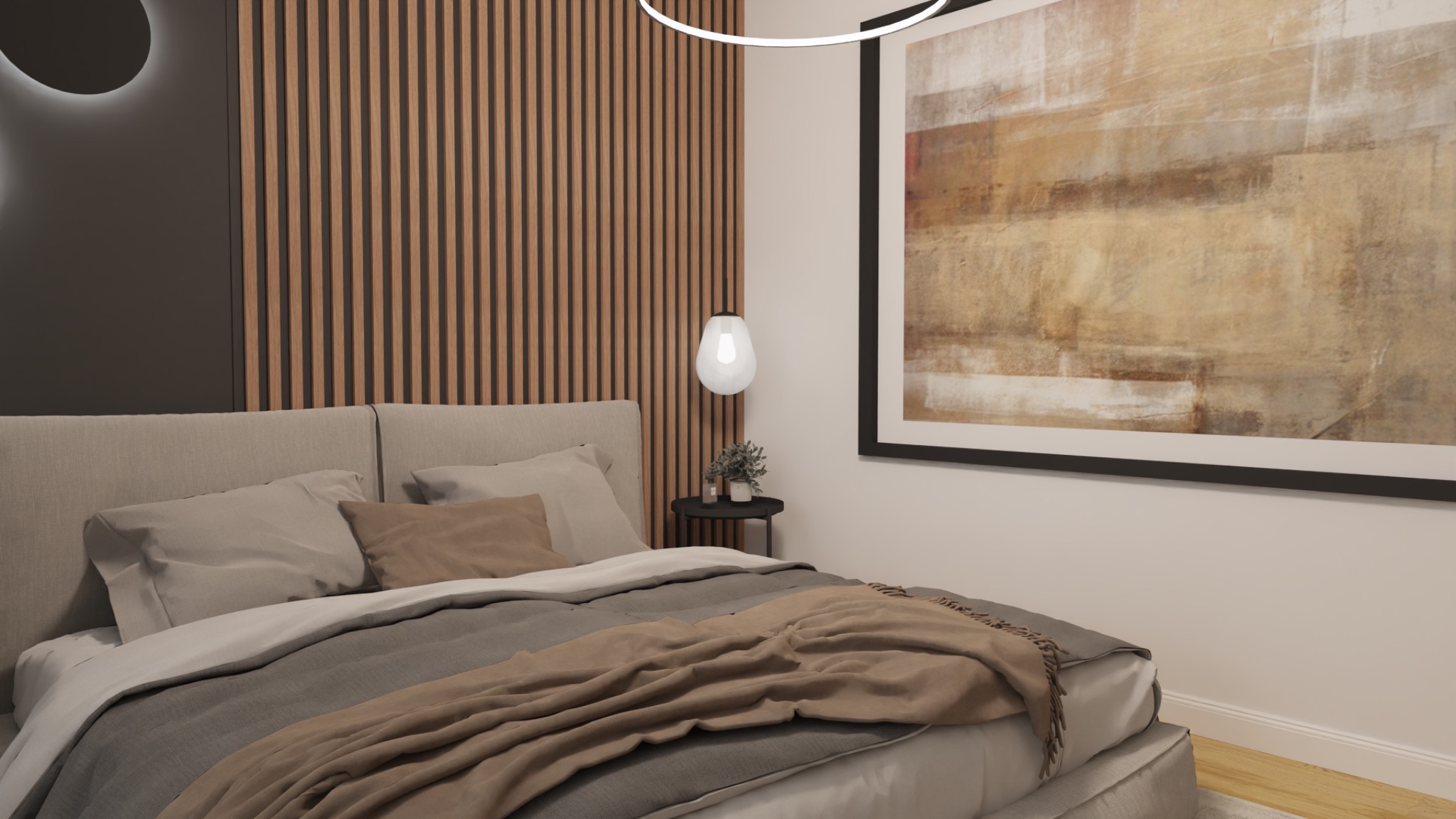 Minimalistyczna sypialnia z łóżkiem w odcieniach beżu i szarości, drewnianą ścianą z lamelami i abstrakcyjnym obrazem w czarnej ramie.
