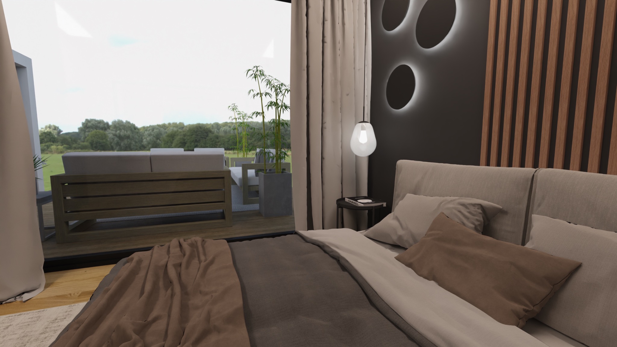 Nowoczesna sypialnia z wyjściem na taras, neutralna kolorystyka, dekoracyjne oświetlenie ścienne i drewniane panele.