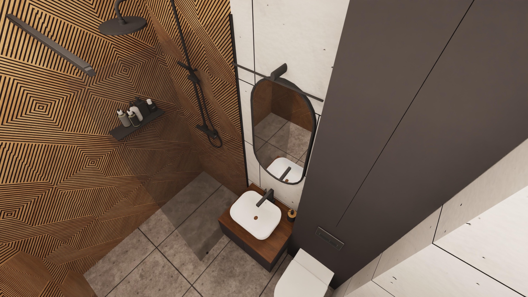 Wizualizacja łazienki z kabiną prysznicową wyłożoną drewnianymi panelami w geometryczny wzór, umywalką nablatową na drewnianej szafce, owalnym lustrem w czarnej ramie i toaletą.