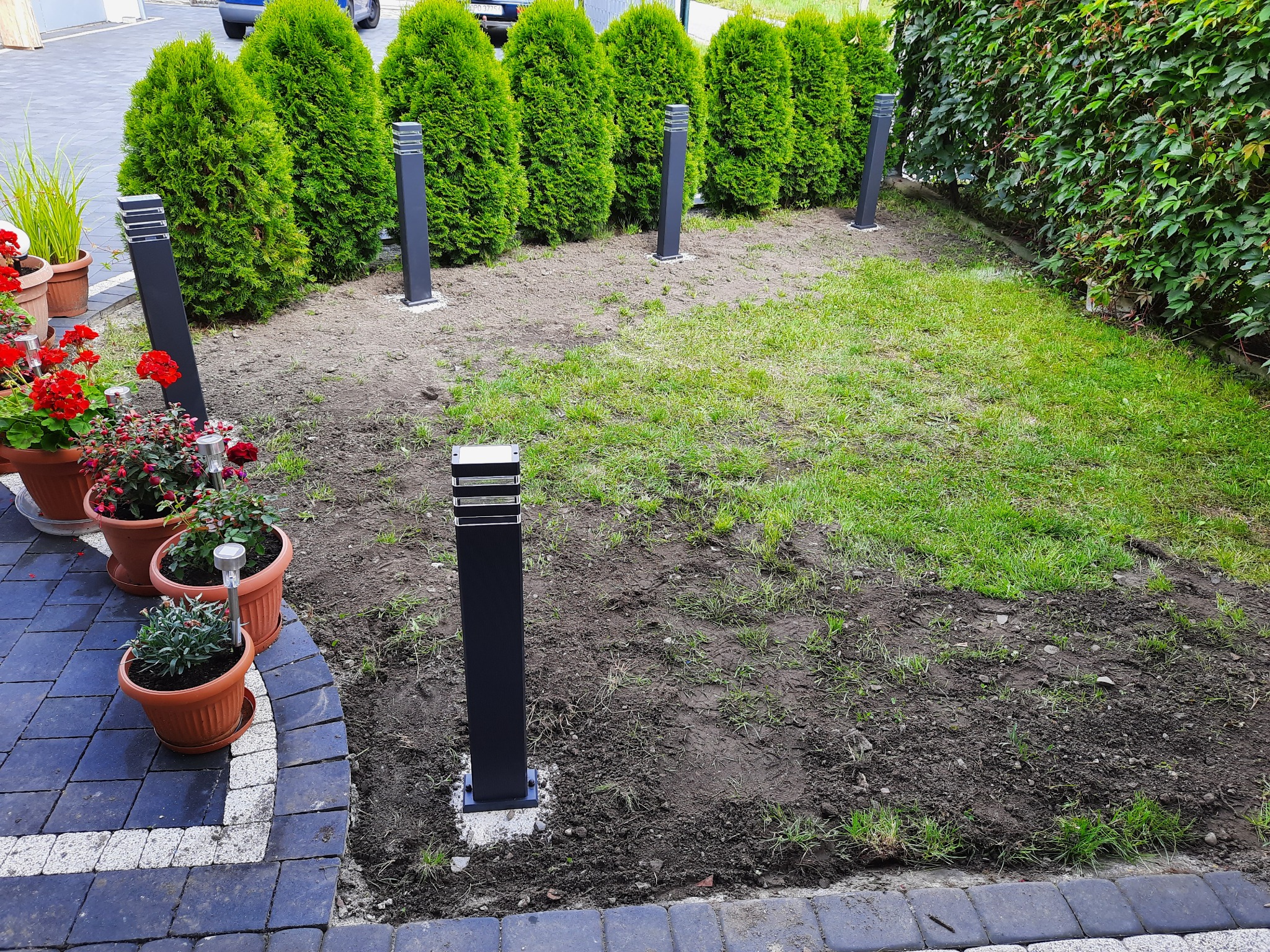 Rząd nowoczesnych, czarnych lamp ogrodowych ustawionych wzdłuż żywopłotu z tui, widoczne donice z kwiatami na pierwszym planie, kostka brukowa.