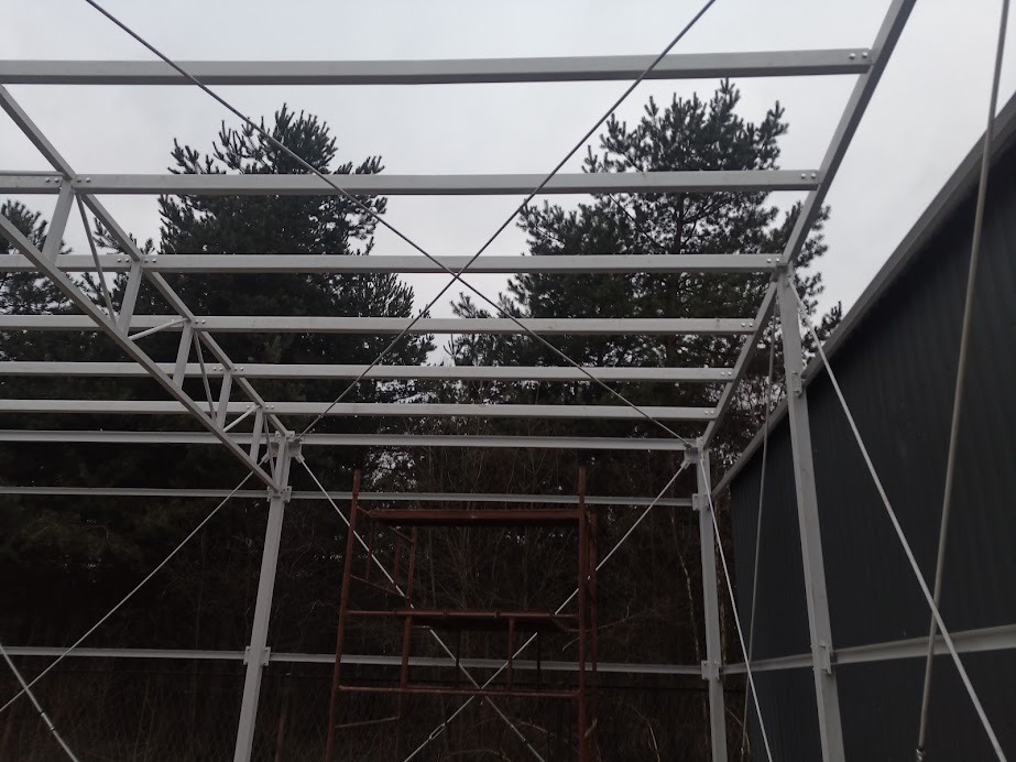 Szkielet stalowej konstrukcji z widocznymi elementami zespawanymi, zabezpieczony linami stalowymi, na tle drzew i pochmurnego nieba, z widocznym rusztowaniem wewnątrz konstrukcji.