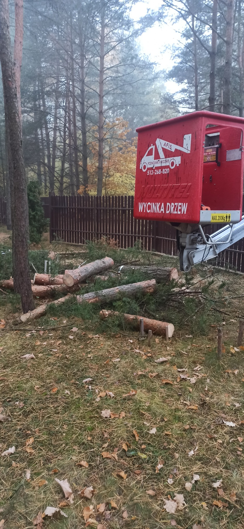 Ciężki podnośnik koszowy z napisem 'Wycinka Drzew' na tle ściętych pni drzew i jesiennego krajobrazu.