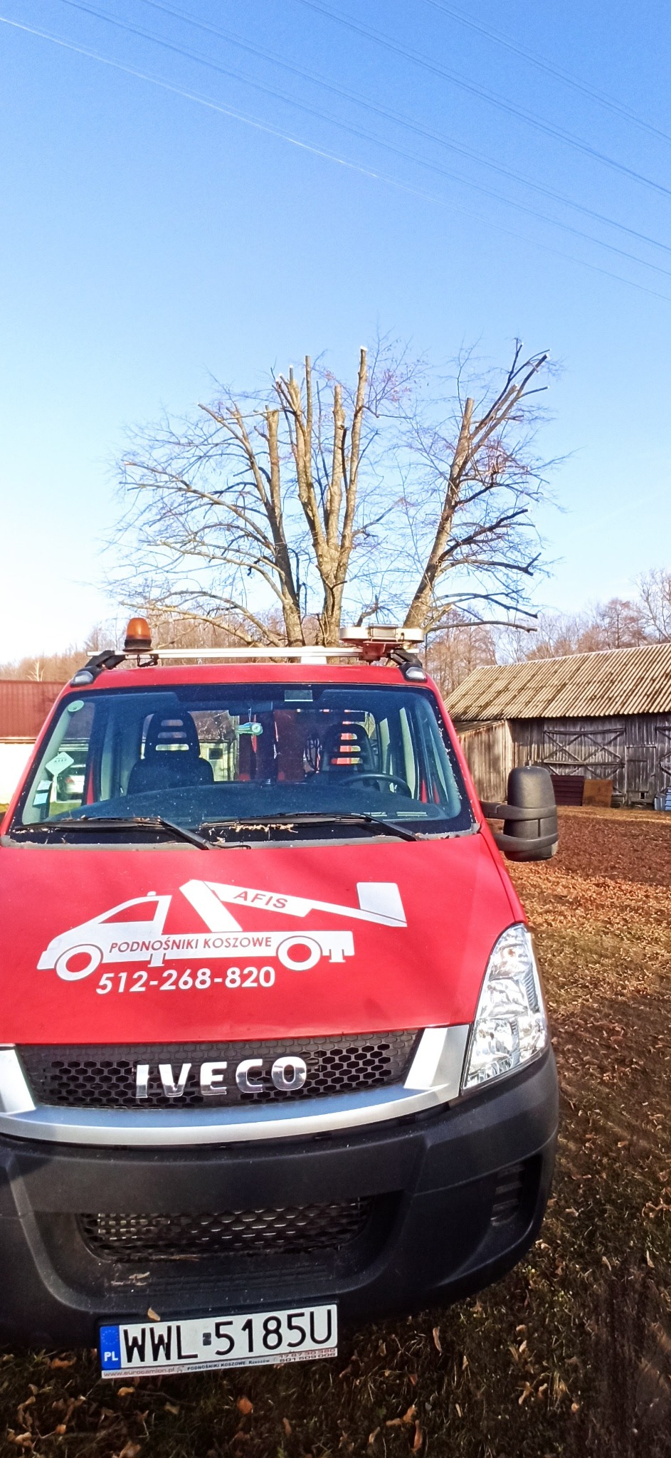 Czerwony samochód Iveco z logo firmy świadczącej usługi podnośnikami koszowymi, zaparkowany przed drzewem z przyciętymi gałęziami na tle drewnianego budynku gospodarczego i błękitnego nieba.