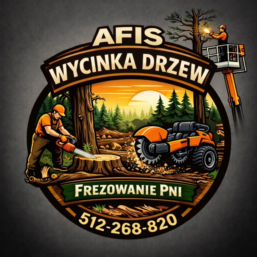 Ilustracja: Logo firmy AFIS. Wycinka drzew, frezowanie pni. Pracownik w kombinezonie tnie drzewo piłą. Drugi w podnośniku. W tle las i maszyna do frezowania pni.