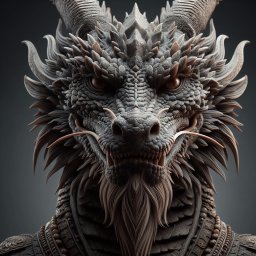 Nowakowski Solutions - Miłosz Nowakowski - Szczegółowy portret cyfrowy smoka z rogatą głową, łuskami i długą brodą, przedstawiony na neutralnym tle.