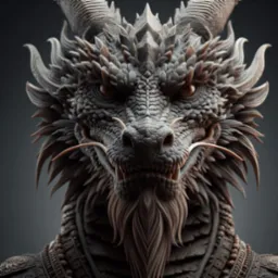 Szczegółowy portret cyfrowy smoka z rogatą głową, łuskami i długą brodą, przedstawiony na neutralnym tle.