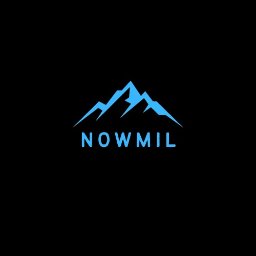 Nowakowski Solutions - Miłosz Nowakowski - Minimalistyczne logo przedstawiające stylizowane, błękitne góry z nazwą firmy 'NOWMIL' poniżej na czarnym tle.