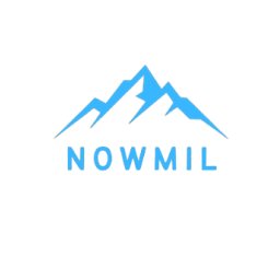 Nowakowski Solutions - Miłosz Nowakowski - Minimalistyczne logo firmy NOWMIL przedstawiające stylizowane, błękitne góry na białym tle.
