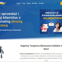 Nowakowski Solutions - Miłosz Nowakowski - Strona internetowa z hasłem 'Zwiększ sprzedaż i pozyskuj klientów z profesjonalną stroną internetową' oraz grafiką kobiety i oceny pięciogwiazdkowej.