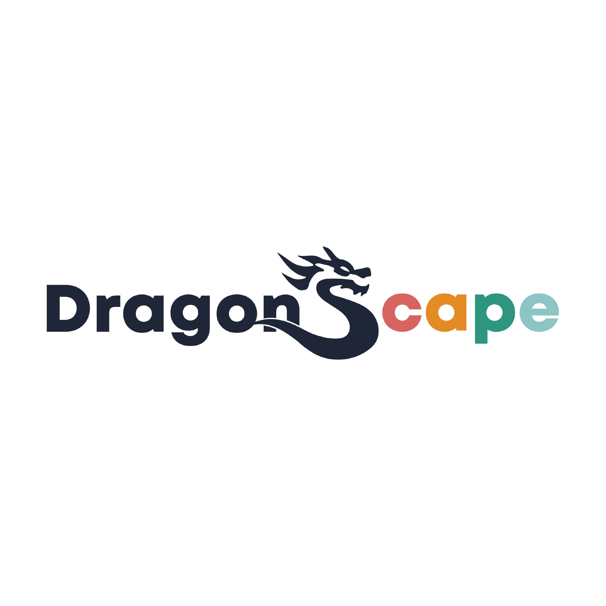 Logo firmy Dragonscape z motywem smoka wkomponowanym w literę S, napisane czcionką bezszeryfową, z kolorowymi literami 'cape' w odcieniach czerwieni, pomarańczy, zieleni i błękitu na białym tle.