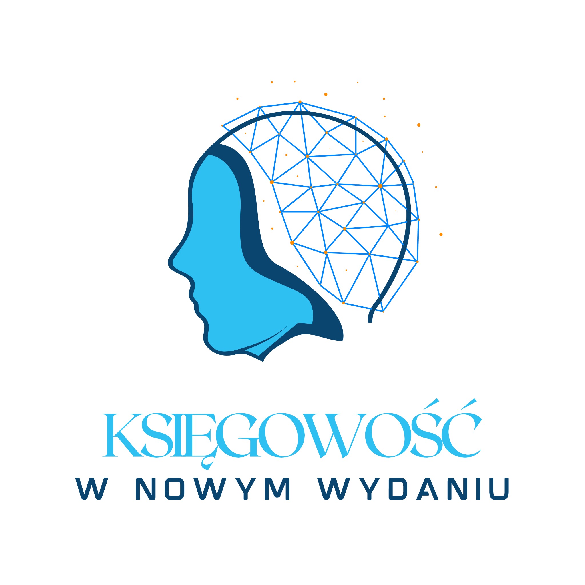 Niebieski profil głowy połączony siatką trójkątów, napis 'KSIĘGOWOŚĆ W NOWYM WYDANIU'.